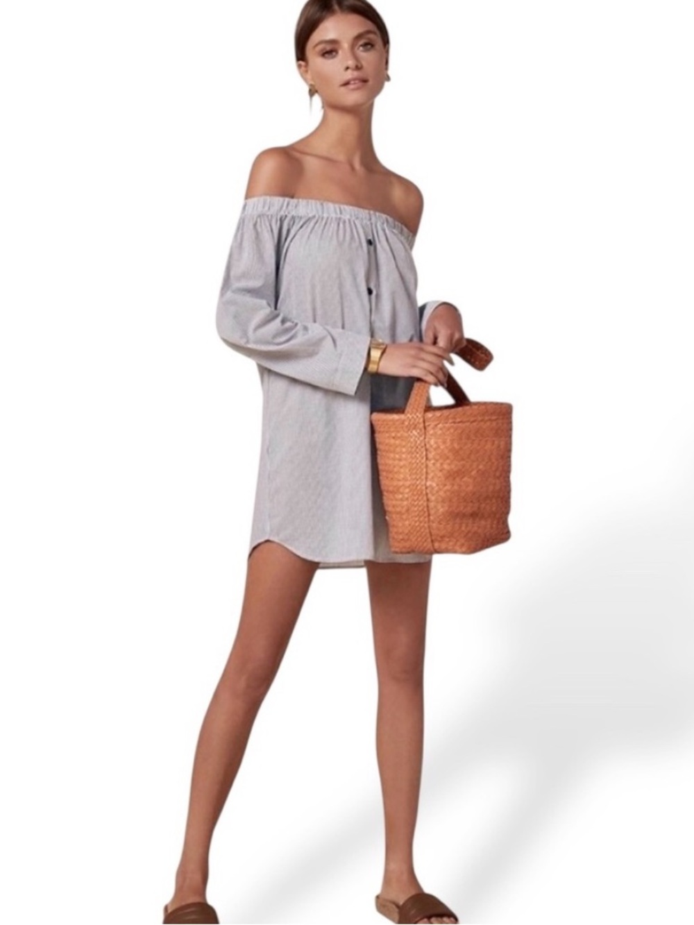 Reformation Banker Off Shoulder Long Sleeved Pinstriped Mini Dress Poplin small